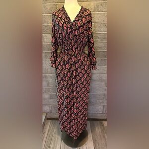 ACE Fashion Boho Maxi Dress XL | Smocked Waist Long Sleeve Pink Print